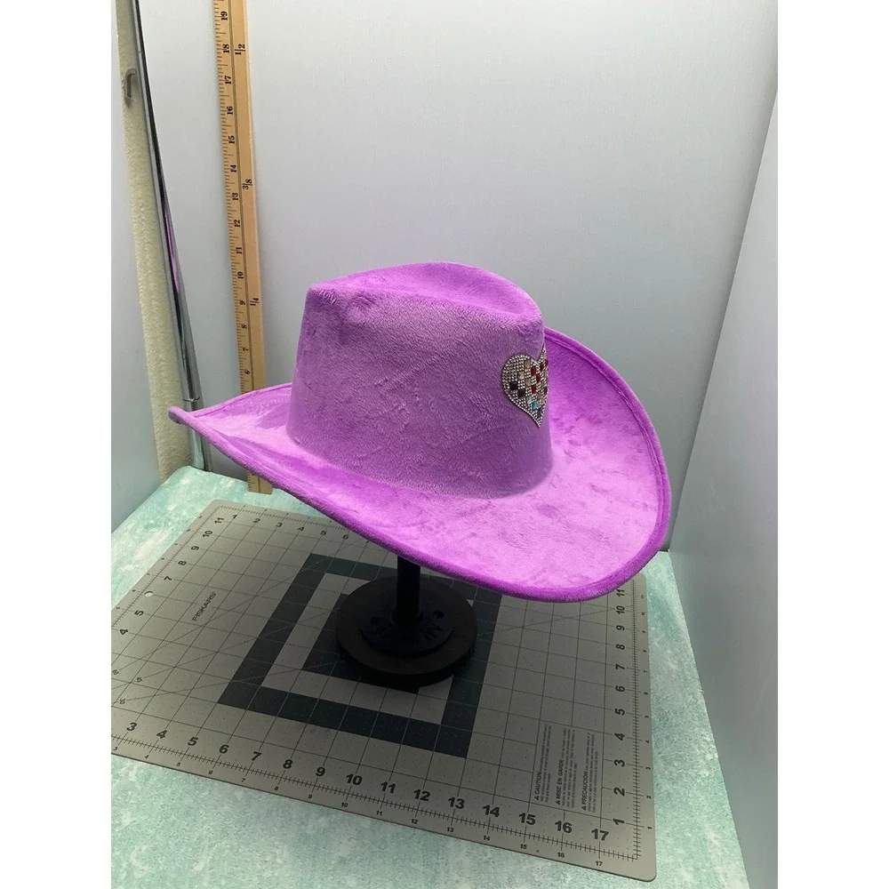 Purple Fuzzy Velvet Cowboy Hat Rhinestone Heart Star Embellished‎ Western Glam